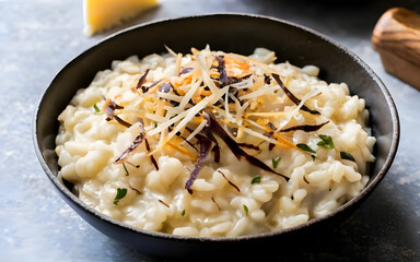 A close-up of creamy truffle risotto topped with fresh parmesan shavings.