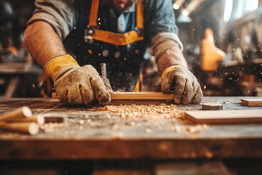 Carpenter using hand plane smoothing wood plank in workshop, sawdust flying