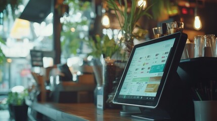 Modern Tablet Point of Sale System in a Trendy Cafe with Lush Greenery and Soft Lighting Creating a Warm Atmosphere for Customer Engagement and Transactions