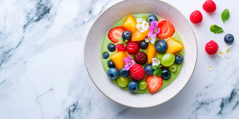 Fresh fruit salad with vibrant berries, grapes, peaches, and edible flowers served in a ceramic bowl on a marble background