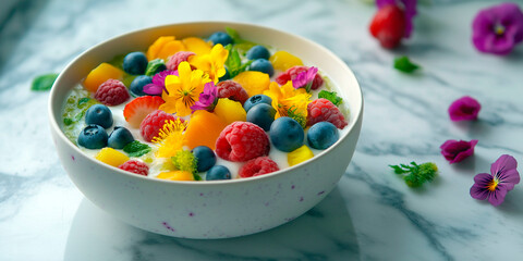 Colorful yogurt bowl topped with fresh raspberries, blueberries, mango, and vibrant edible flowers on a marble surface