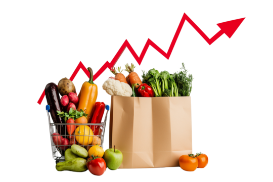Red arrow pointing up with a grocery bag and food items coming out of it, white background.