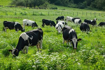 Herd of cows grazing at summer green field