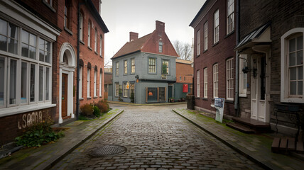 Fototapeta premium Vintage cobblestone street with historic buildings.