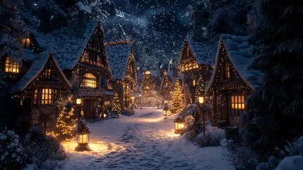 Obraz premium Enchanting Winter Wonderland: Snowy Village with Glowing Lanterns and Festive Fantasy Christmas Celebration in Ultra-Detailed Night Scene