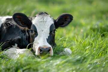 Panoramic view of black and white cow on green grass.