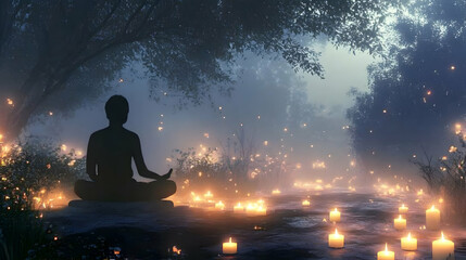 Person meditating in a serene environment, focusing on releasing negative energy surrounded by candlelight and calming scents