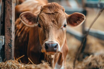 Cows in red jerseys eating hay on dairy farm.