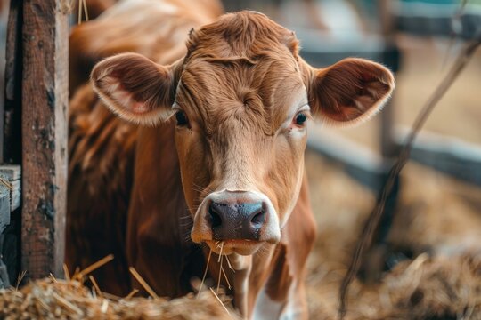 Cows in red jerseys eating hay on dairy farm.