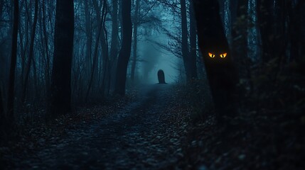 Obraz premium Forest shrouded in fog with faintly visible glowing eyes image