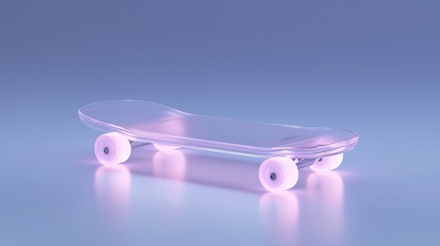 3d rendering of a skateboard on a light blue background. the skateboard is in the center of the image and is positioned in a way that it is facing towards the right side of the frame.