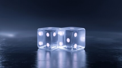 Two transparent dice on a dark blue surface. the dice are placed side by side, facing each other, and their reflections can be seen on the surface below them.
