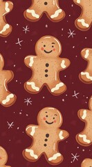 Fototapeta premium Festive gingerbread man pattern with holiday-themed icons on a deep rich red background creating a cheerful and whimsical holiday atmosphere