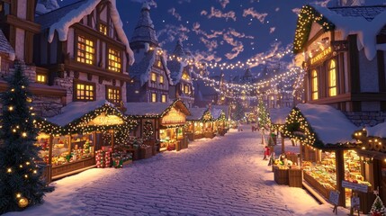 Obraz premium Enchanting Christmas Market Wonderland with Mythical Vendors, Gifts, and Snowfall under Twinkling Lights - Ultra-Detailed Festive Scene