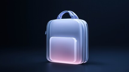 3d rendering of a transparent backpack with a blue handle. the backpack is rectangular in shape and has a zipper on the top. it is placed on a dark blue background.
