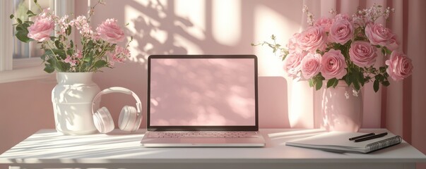 Elegant workspace with pink-themed decor featuring a laptop on a white desk with vibrant roses and stylish headphones