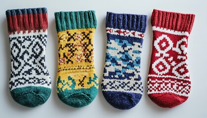 Colorful Nordic-patterned socks isolated on a white surface, top view, capturing winter warmth and festive spirit in ultra HD quality