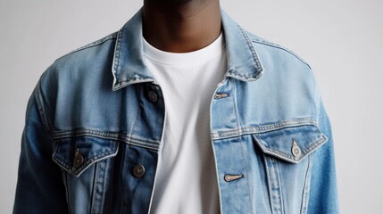 A Close-Up Portrait of a Young Man Wearing a Casual Denim Jacket Over a Clean White T-Shirt Against a Neutral Background