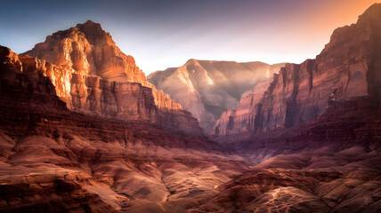 Fototapeta premium Majestic canyon with warm, glowing sunlight.