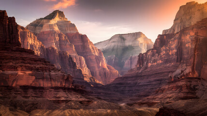 Naklejka premium Majestic canyon with warm, glowing sunlight.