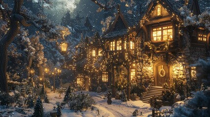 Fototapeta premium Enchanting Winter Wonderland: Fantasy Characters Exchanging Gifts by a Festive Fireplace in a Cozy Cabin on Christmas Eve | Ultra-Detailed Scene