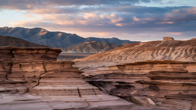Layers of stratified rock in earthy tones.