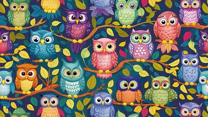 Seamless pattern with colorful owls