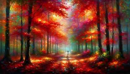 A vibrant autumn forest in Impressionist style, with trees ablaze in color and a path covered with fallen leaves