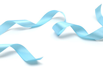 Light blue glow nacre color wave silk ribbon with light shadow on white background.