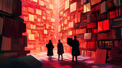 Three people wander through a labyrinthine library of towering books. Labyrinthine. Illustration