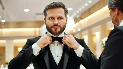 Groom Fitting Tailored Black Tuxedo in Menswear Shop