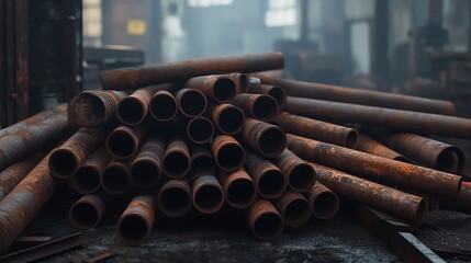 Rusty metal pipes stacked in industrial warehouse.