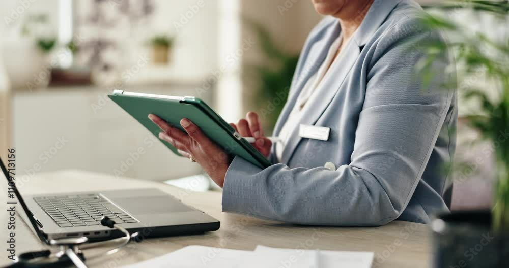 Poster research, hands and stylus for tablet, desk and information of data, administration and record keepi