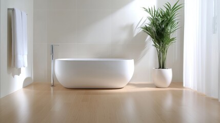 Fototapeta premium Modern bathroom with a white freestanding bathtub in the center. the bathtub is white and has a sleek design with a curved shape.