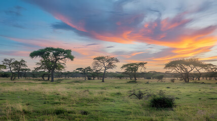 Obraz premium Grassy savanna with scattered trees under a vibrant sky.