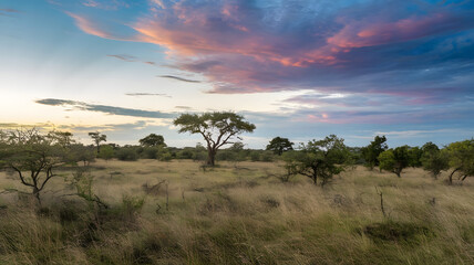 Obraz premium Grassy savanna with scattered trees under a vibrant sky.