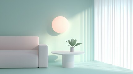 Modern living room with a light blue wall and a large window with white vertical blinds. on the left side of the room, there is a white sofa with a pink cushion.