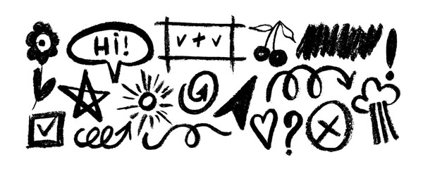 Set of hand drawn  charcoal doodle shapes and squiggles in punk style. Star,  arrow, sun and mark doodle collage elements.