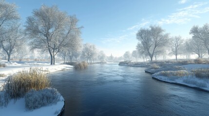 Snow-Covered Trees and a River Flowing Through a Winter Landscape