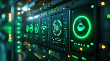 Obraz premium Futuristic server room with glowing green interfaces.