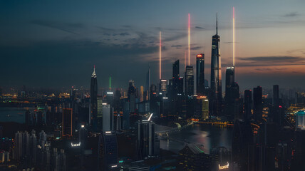 Fototapeta premium Futuristic cityscape at night with glowing lights.