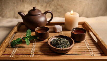 A serene tea ceremony arrangement on a bamboo tray, featuring dried herbs, fresh mint leaves, and a lit candle for ambiance. Perfect setting for relaxation and mindful tea enjoyment.