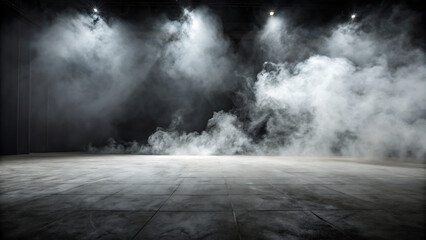 Abstract image of dark room concrete floor. Stage or Black room background for product placement. Panoramic view of the abstract fog. White cloudiness, mist or smog moves on black background.
