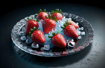 Strawberries on ice, frozen berries on a plate. Frozen fruits and berries are laid out so that it seems as if they are on an ice cushion.