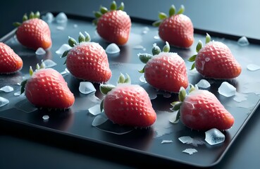 A tray of strawberries with ice cubes between the berries. The strawberries are laid out in a neat row, some of them slightly overlapping each other. The ice on the rectangular dish with the strawberr