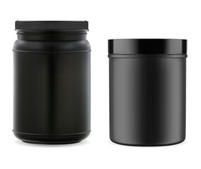 Whey protein jar. Black plastic sport vitamin can template. Supplement pill bottle for fitness and bodybuilding, realistic illustration. Power shake nutrition diet package blank, food or drink