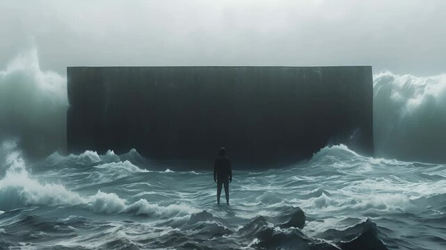 A man standing alone in front of a large concrete wall in the middle of the ocean
