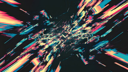 Distorted, glitch-like textures in futuristic colors.
