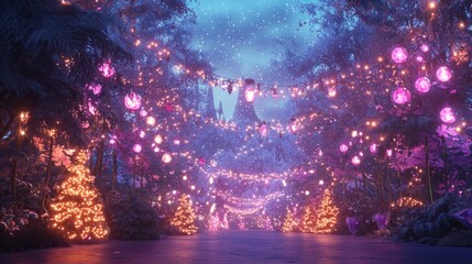 Fototapeta premium Enchanting Christmas Festival in a Magical Forest - Ultra-Detailed Whimsical Scene with Colorful Lights and Joyful Celebrations