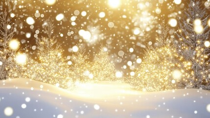 Experience the enchanting beauty of a stunning snowy landscape, illuminated by soft golden holiday lights, creating an atmosphere that embodies a charming and serene winter wonderland ambiance